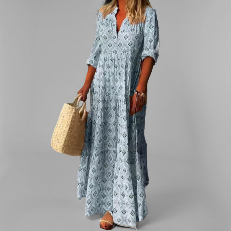 Esther | Vintage maxi-jurk met V-hals - Blauw