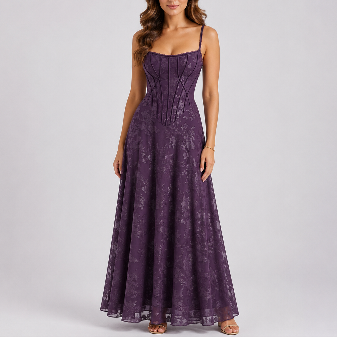 Evi | Maxi jurk met korset en bloemen - Paars