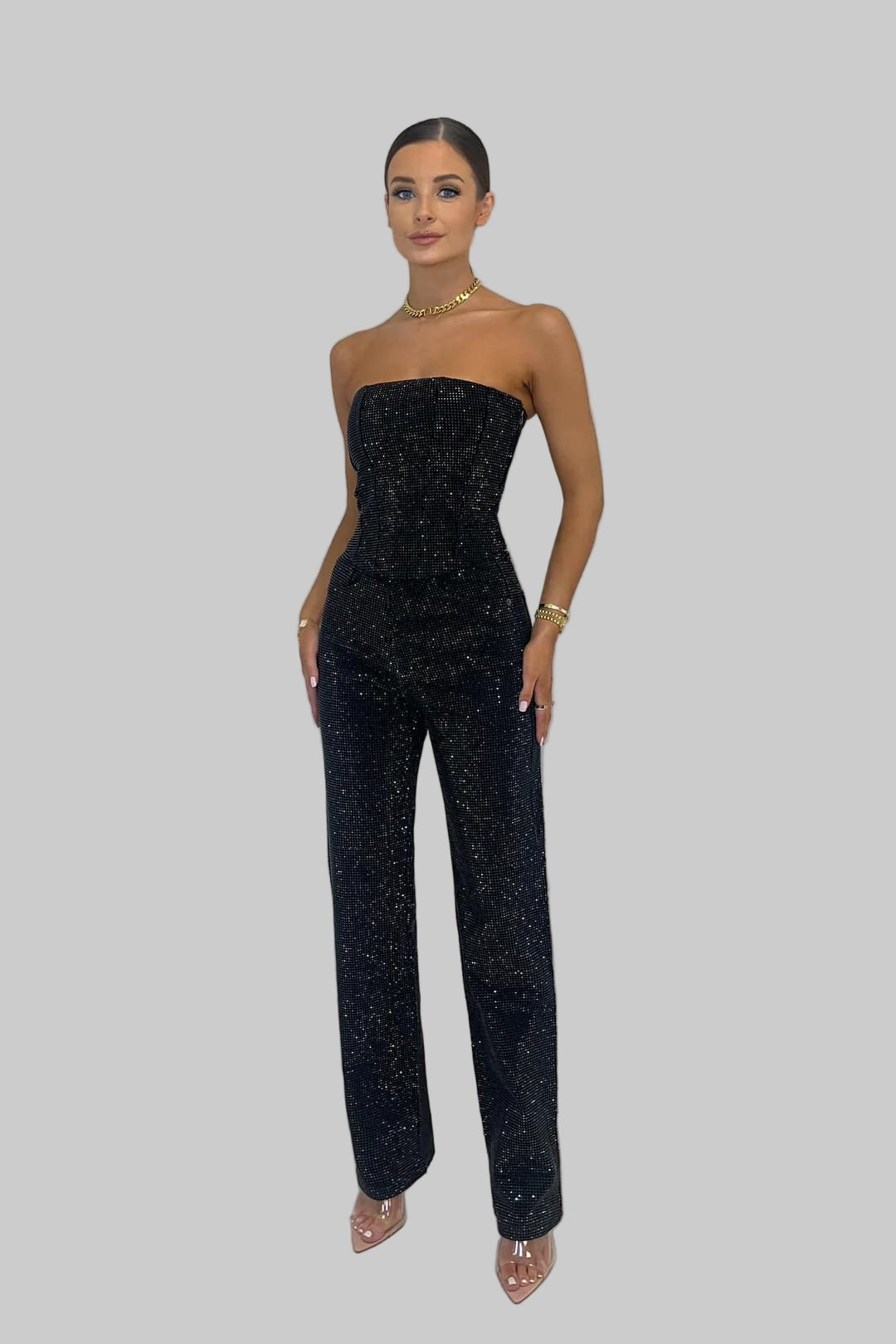 Evi | Strapless glitter jumpsuit voor dames - Zwart