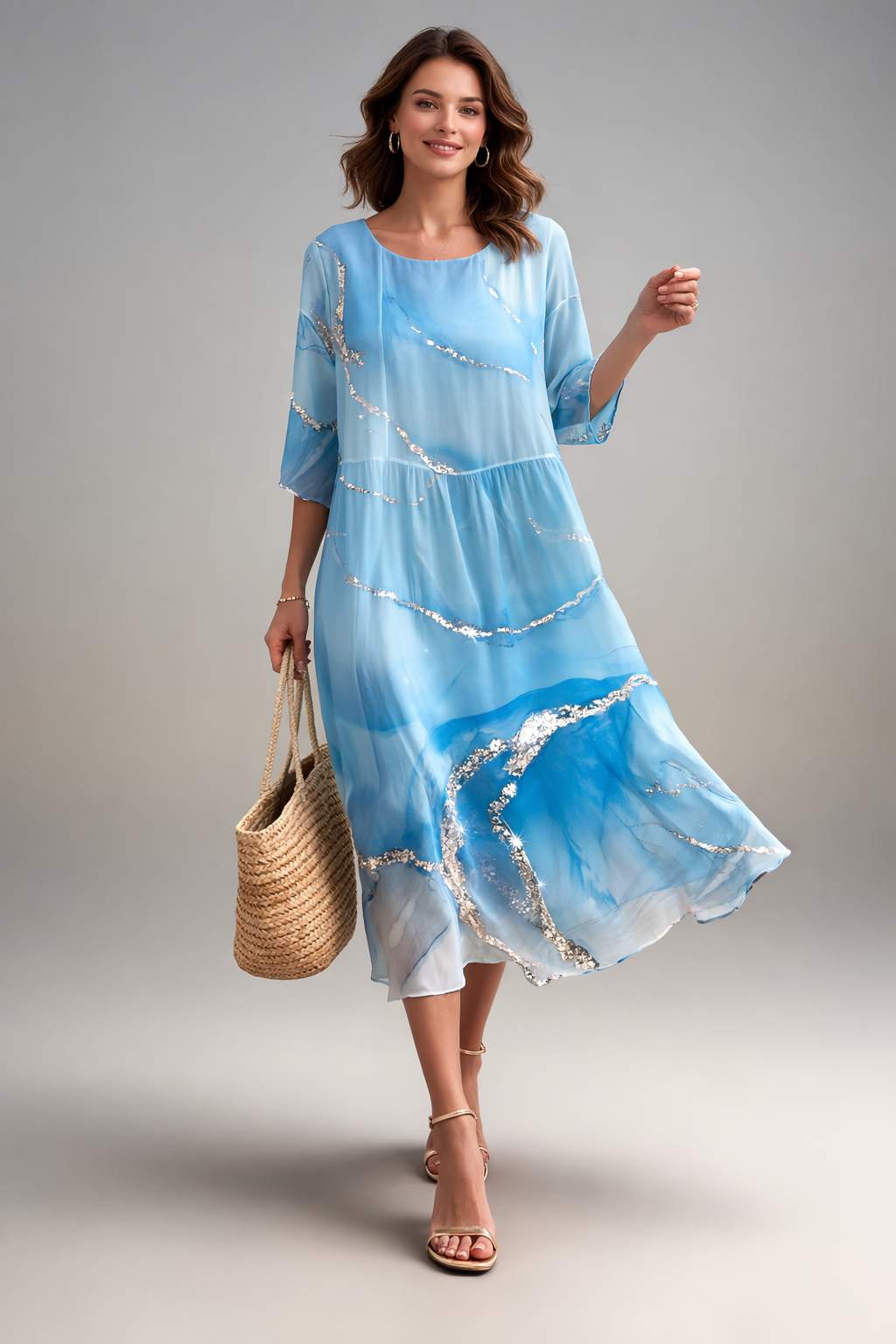 Fay | Midi jurk met bloemenprint voor dames - Lichtblauw