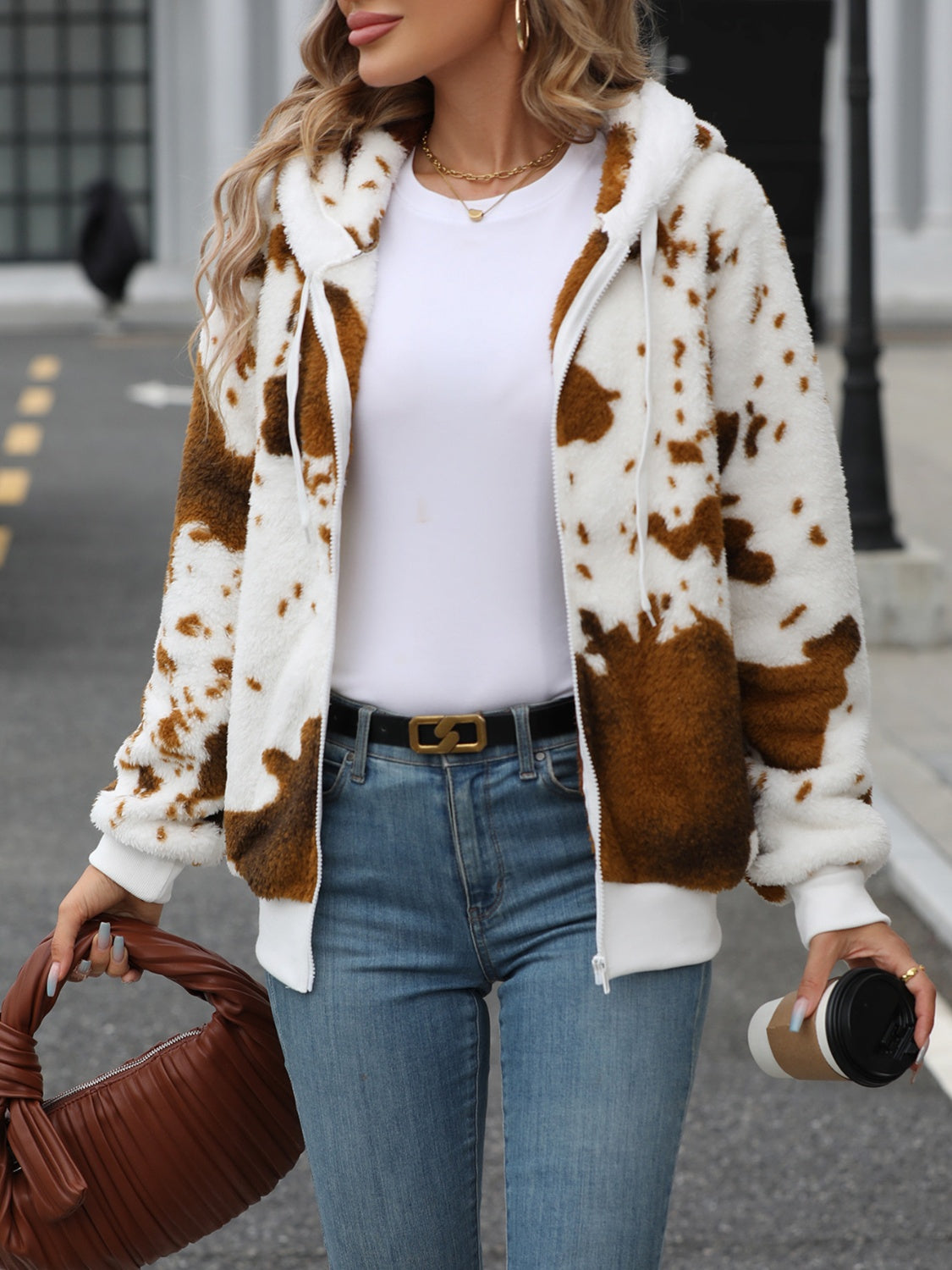 fleece trui met print. rits. jacket. warm. koe print