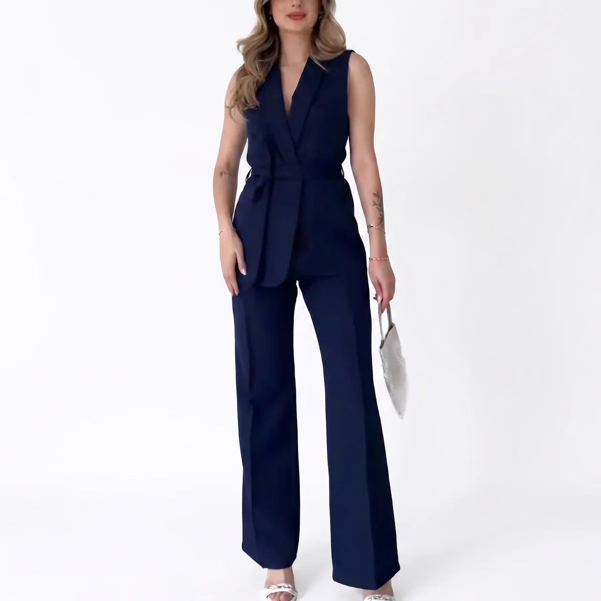 Feline | Mouwloos broekpak voor dames met riem - Marine