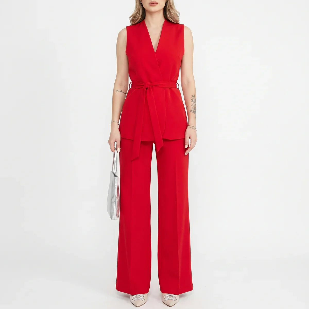 Feline | Mouwloos broekpak voor dames met riem - Rood