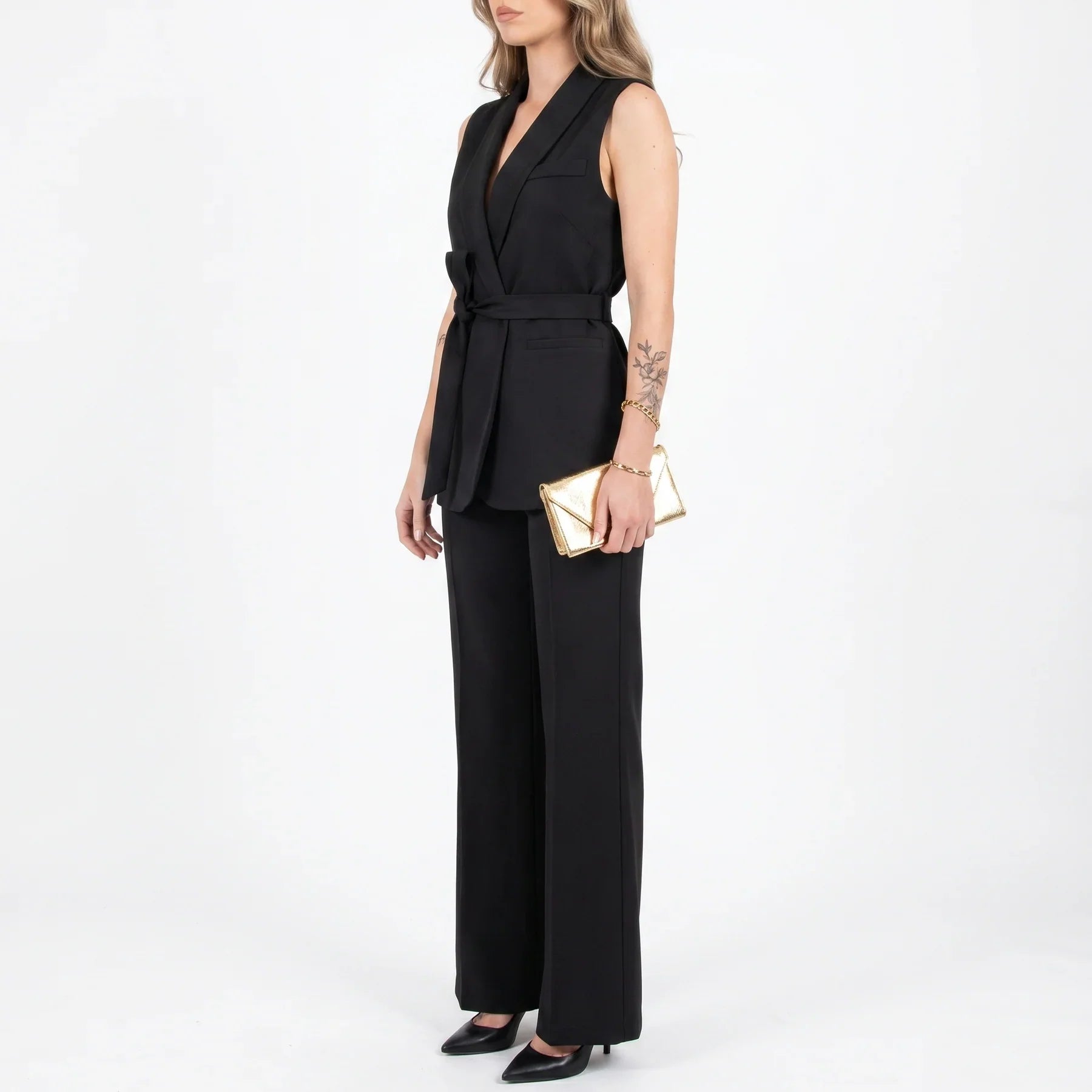 Feline | Mouwloos broekpak voor dames met riem - Zwart