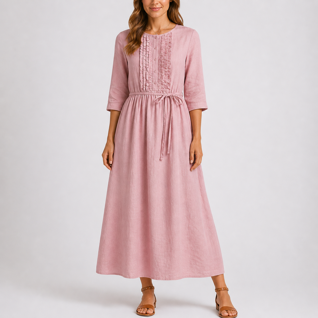 Fenna | Midi zomerjurk voor dames met striktaille - Roze