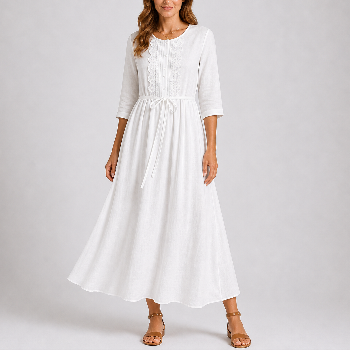 Fenna | Midi zomerjurk voor dames met striktaille - Wit