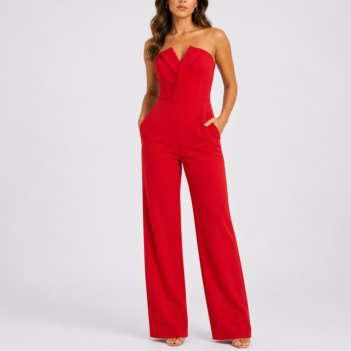 Fien | Strapless jumpsuit met wijde pijpen - Rood