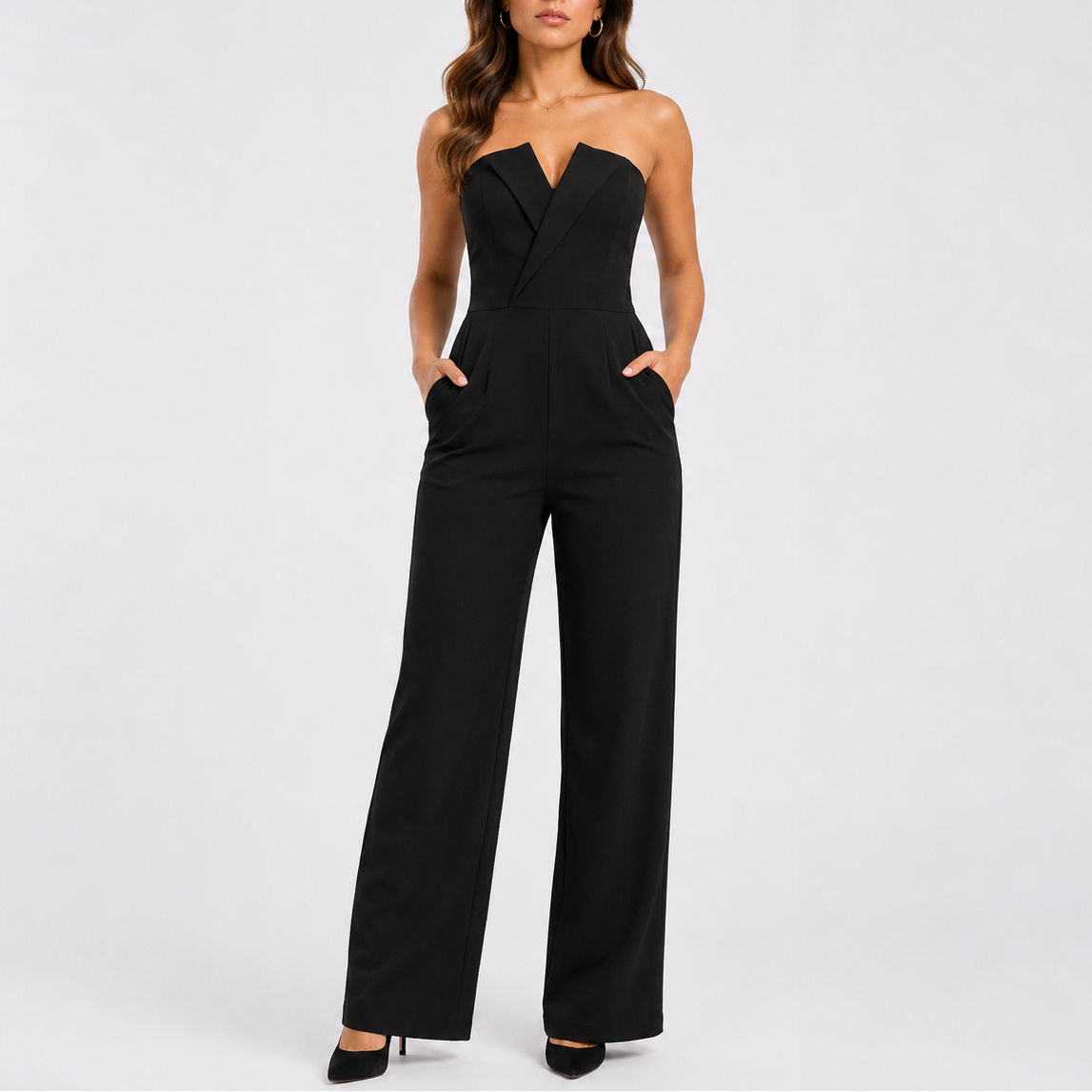 Fien | Strapless jumpsuit met wijde pijpen - Zwart