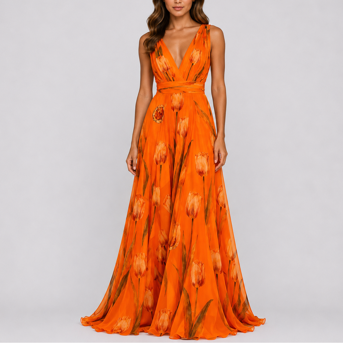 Fleur | Maxi jurk dames met bloemenprint - Oranje