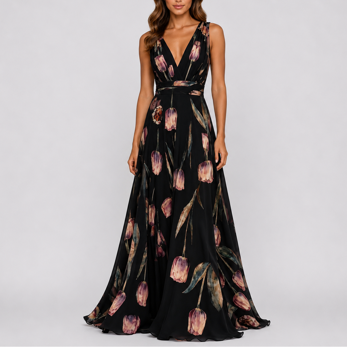 Fleur | Maxi jurk dames met bloemenprint - Zwart