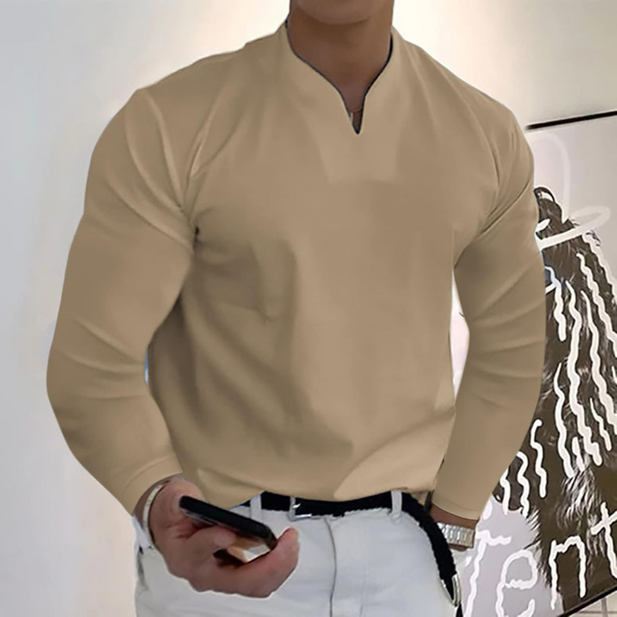Gerben | Polo heren met lange mouwen en V-hals - Beige
