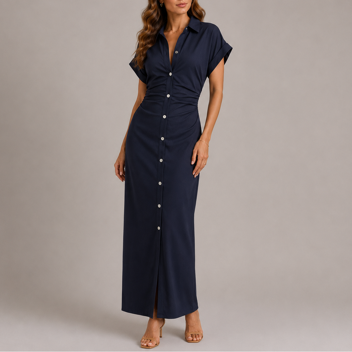 Hanna | Getailleerde lange blousejurk voor dames - Marineblauw