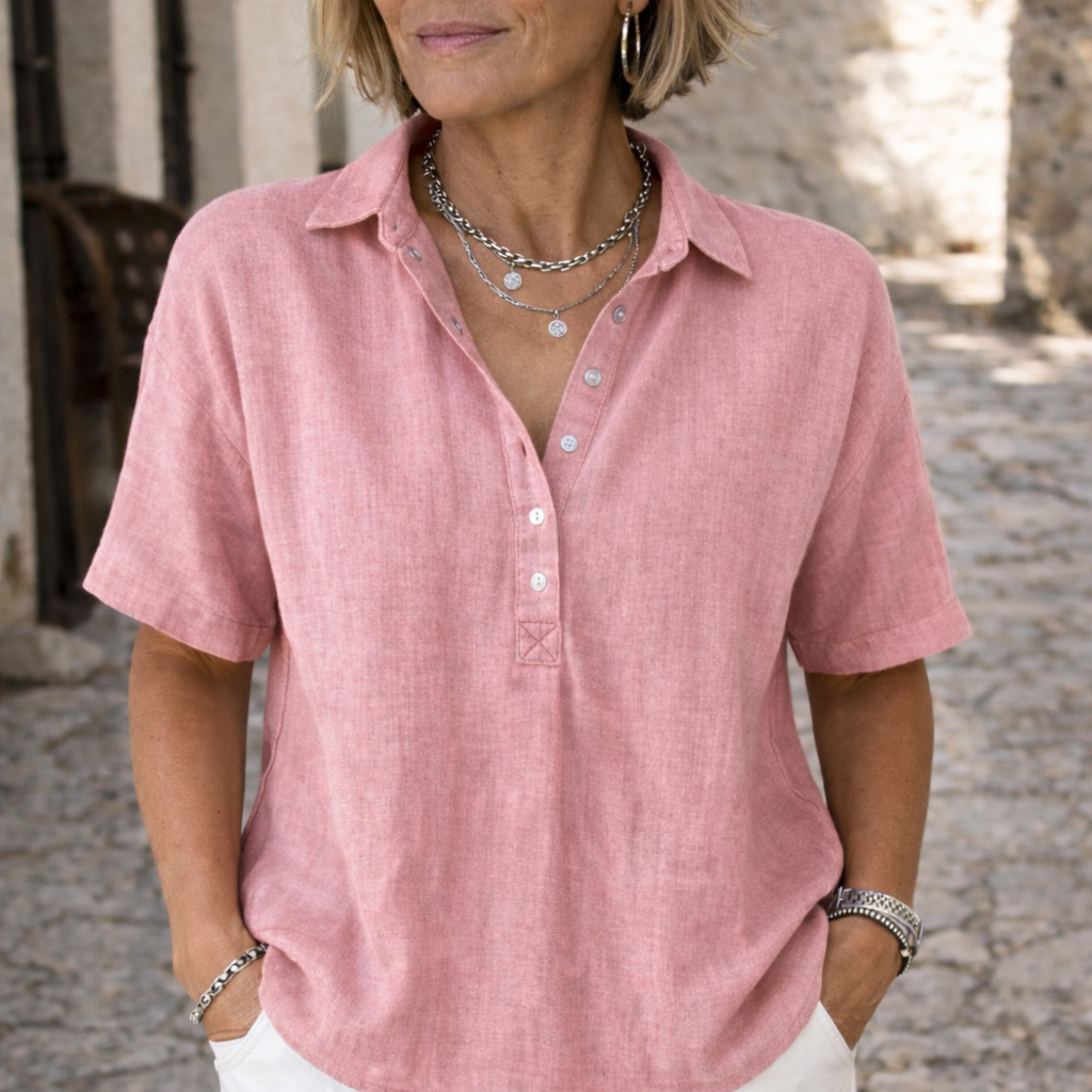 Hanne | Linnenlook blouse voor dames met korte mouw - Roze