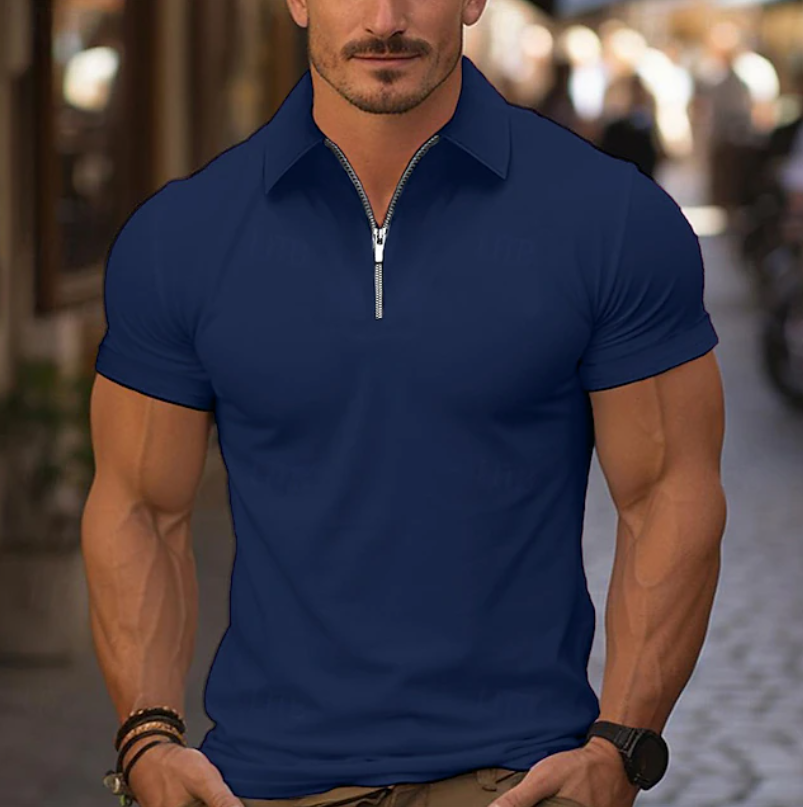 Herman | Poloshirt heren met rits en korte mouw - Donkerblauw