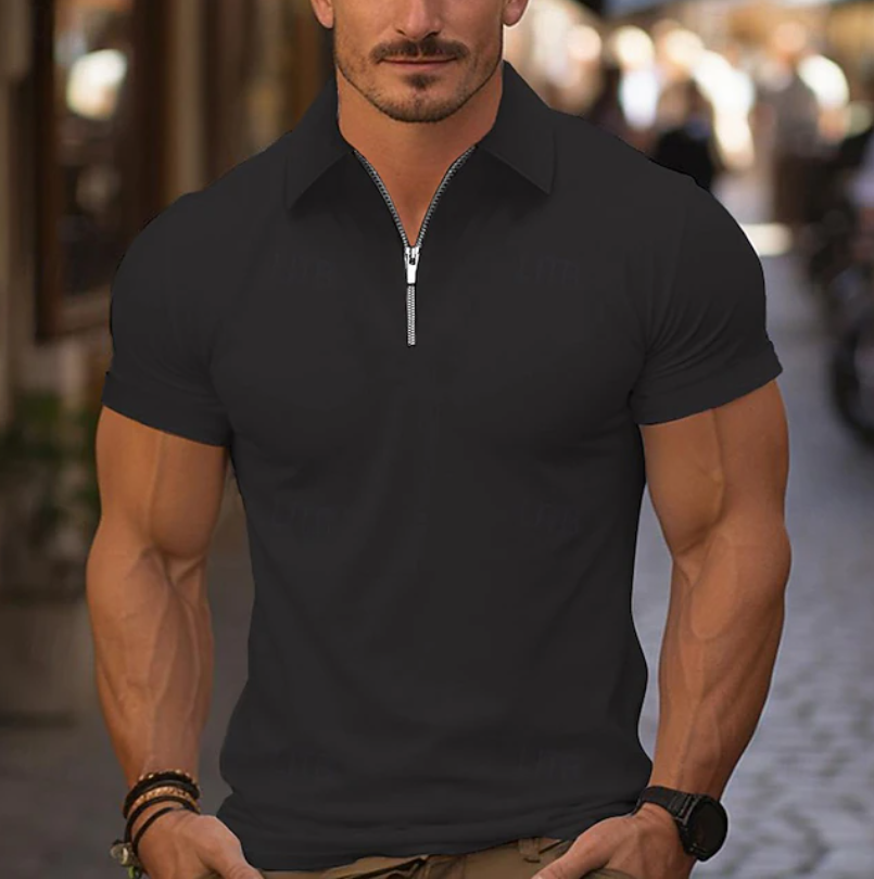 Herman | Poloshirt heren met rits en korte mouw - Zwart