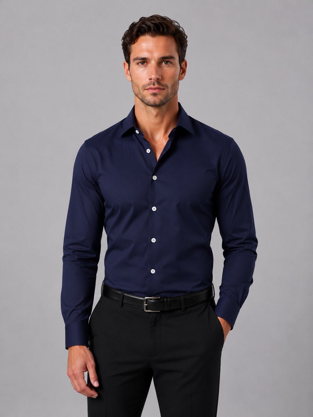 Huib | Slim fit overhemd voor heren met lange mouw - Marineblauw