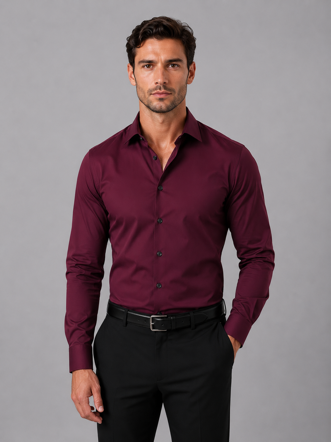Huib | Slim fit overhemd voor heren met lange mouw - Wijnrood