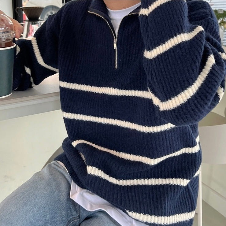 Navando | Gestreifter Strickpullover mit halbem Reißverschluss