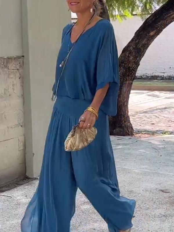 Ineke | Tweedelige set dames met wijde broek - Blauw