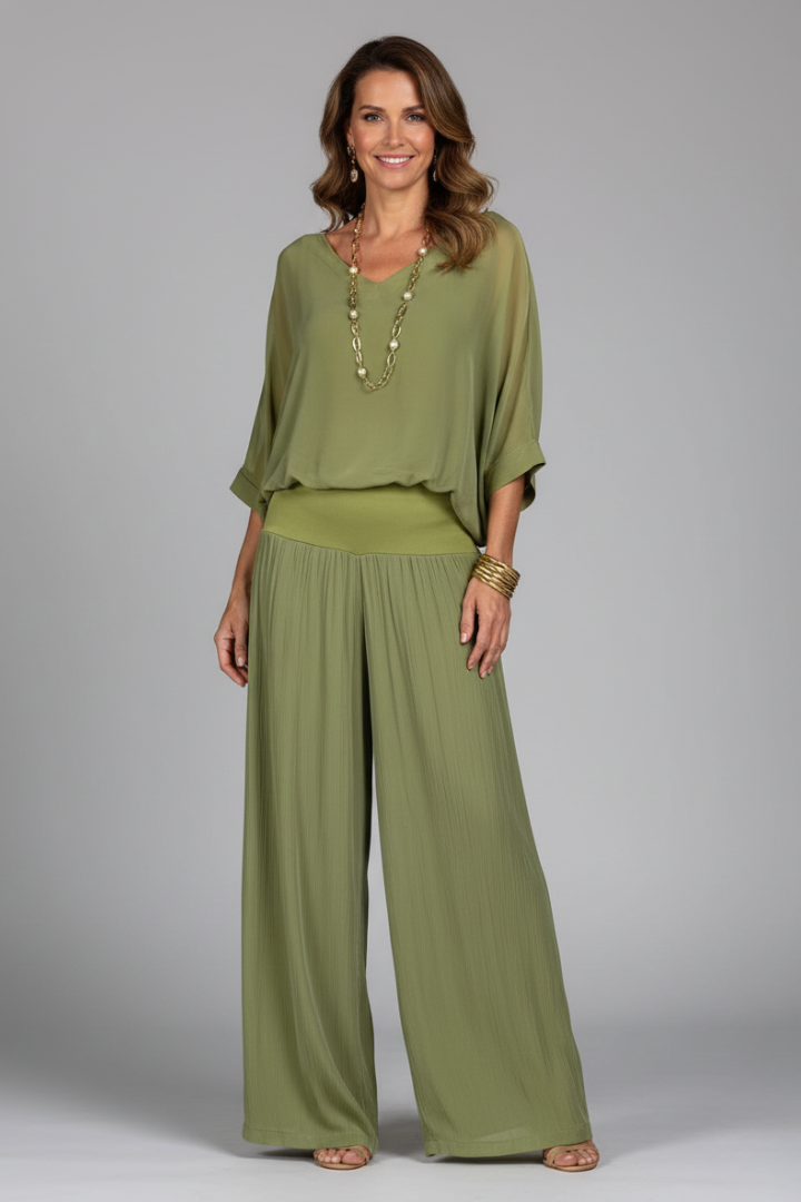 Ineke | Tweedelige set dames met wijde broek - Groen