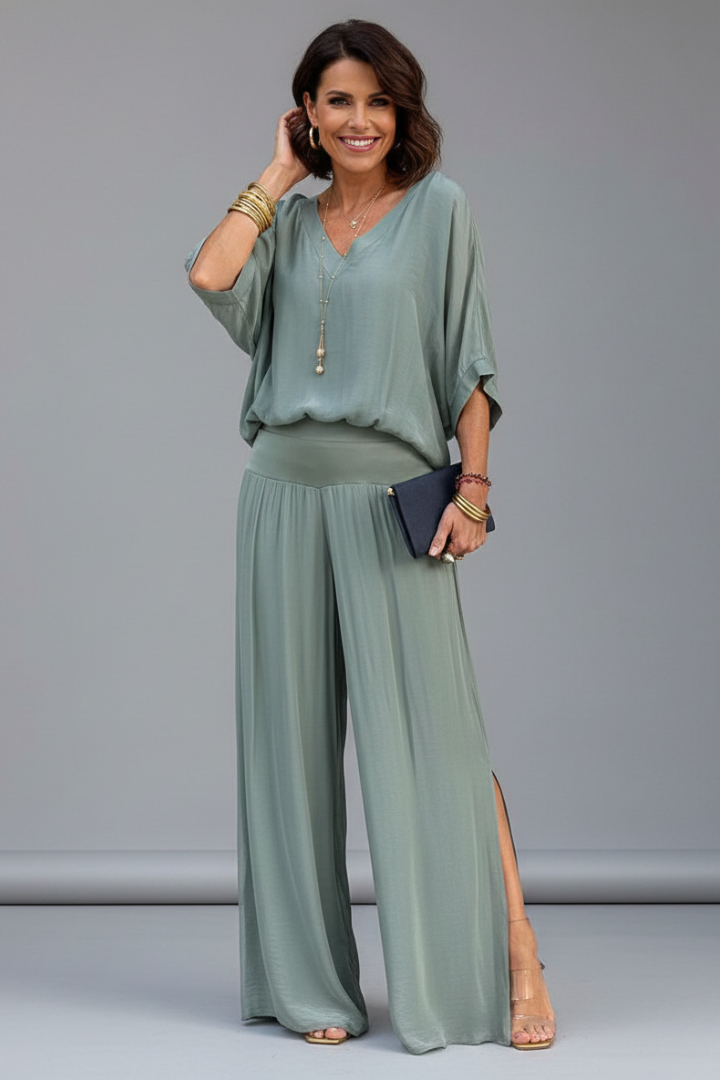 Ineke | Tweedelige set dames met wijde broek - Lichtgroen