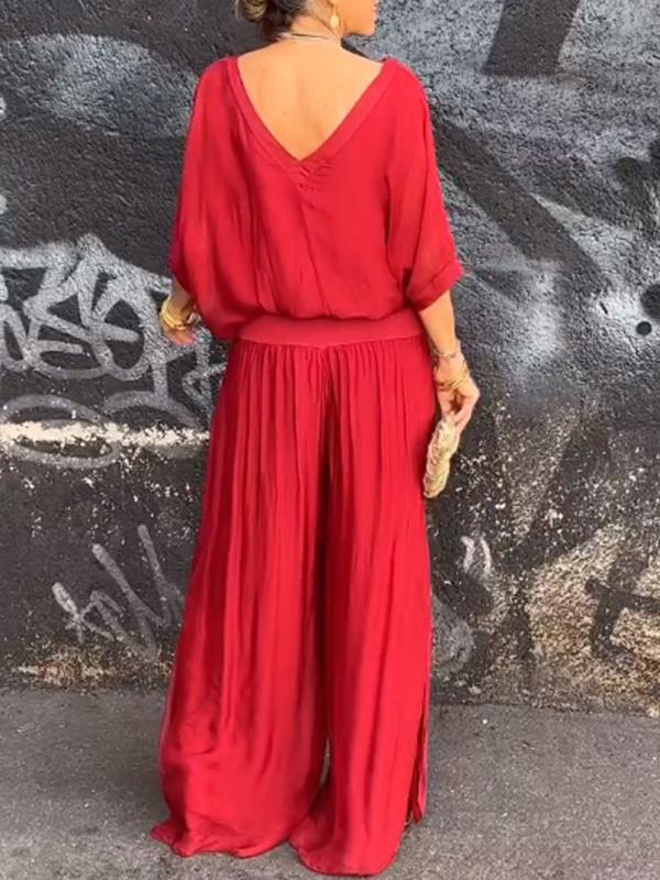 Ineke | Tweedelige set dames met wijde broek - Rood