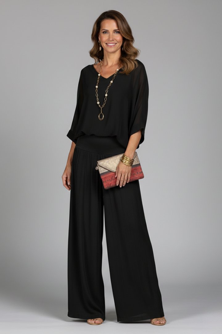 Ineke | Tweedelige set dames met wijde broek - Zwart