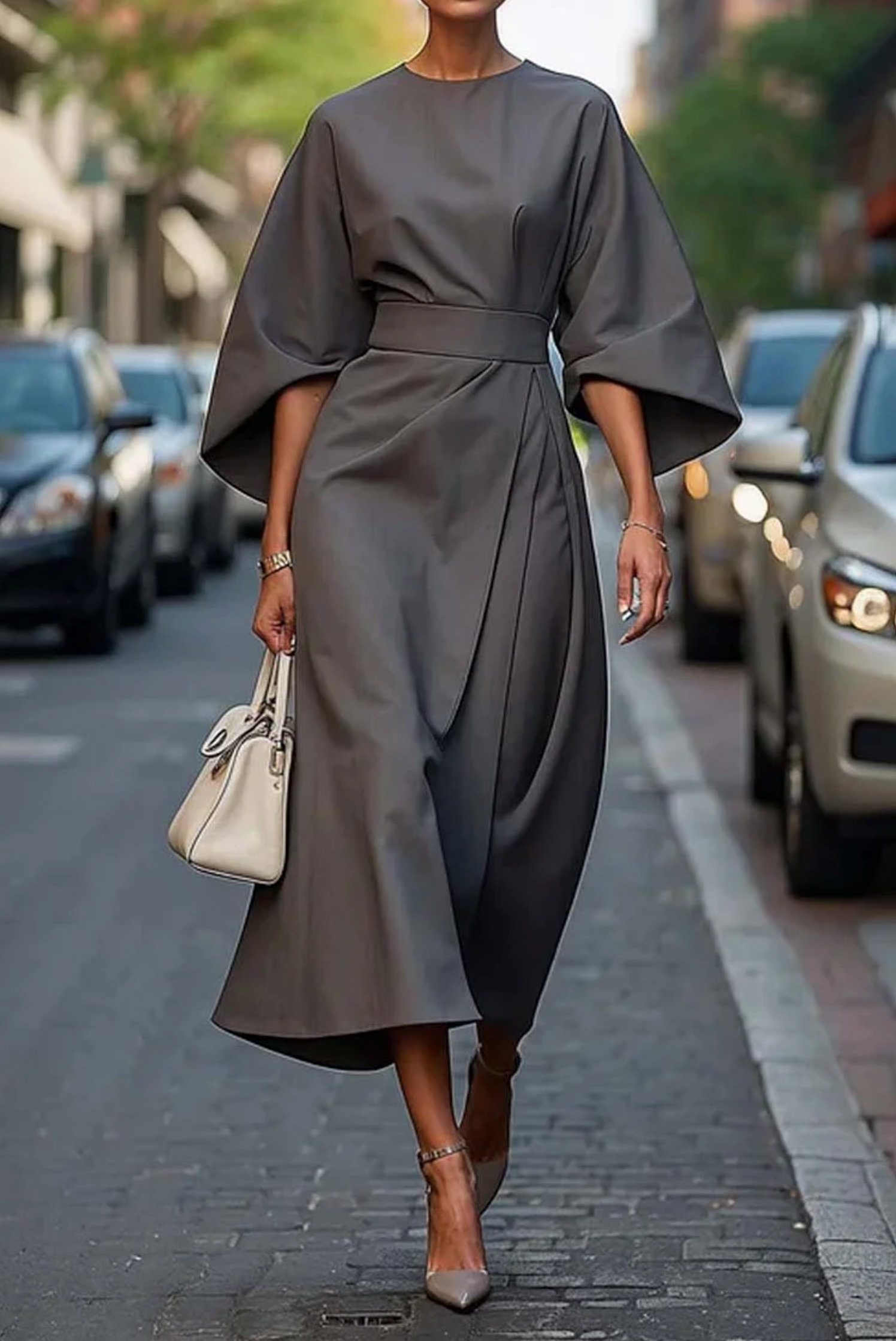 Iris | Elegante midi jurk met ceintuur - Grijs