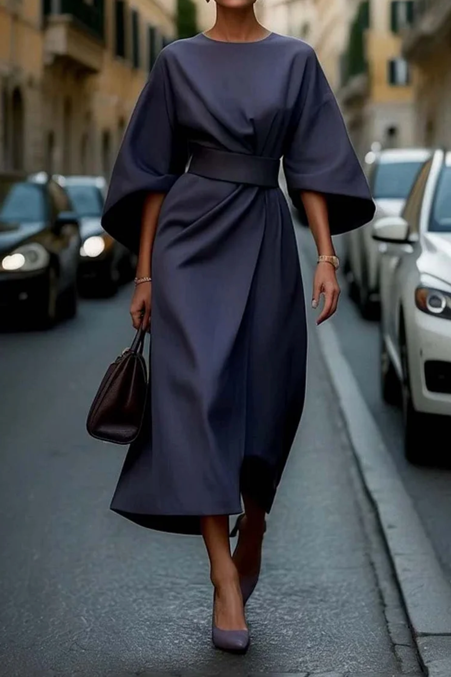 Iris | Elegante midi jurk met ceintuur - Marineblauw