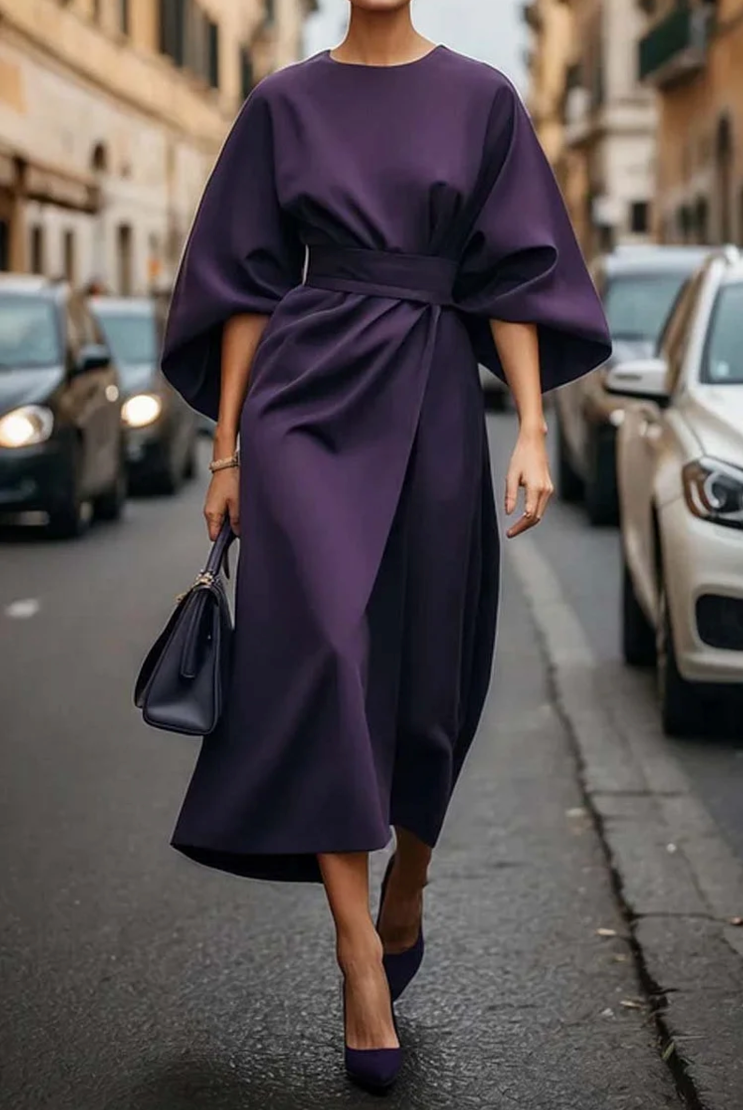 Iris | Elegante midi jurk met ceintuur - Violet