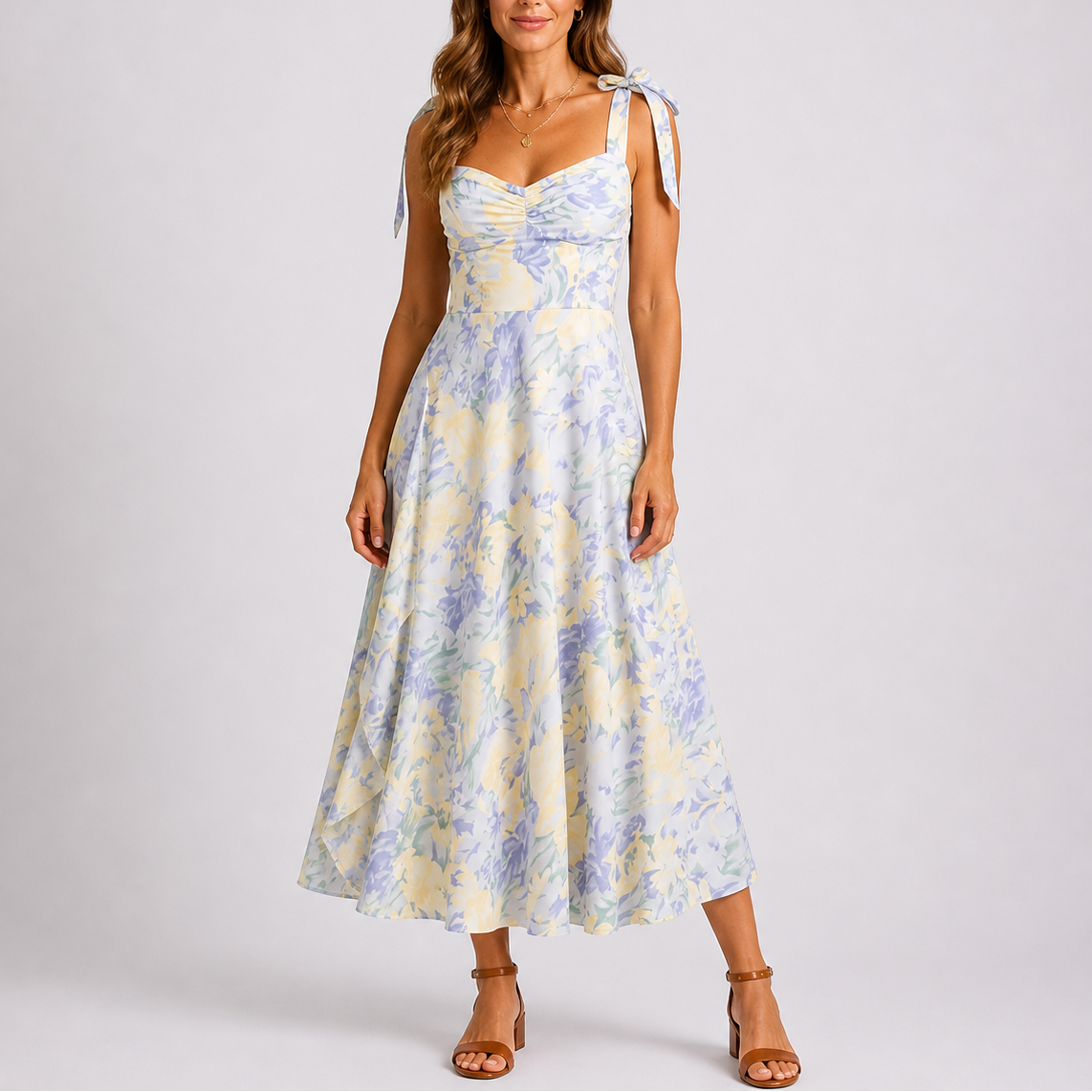 Iris | Midi jurk met bloemenprint voor dames - Bloemenwit