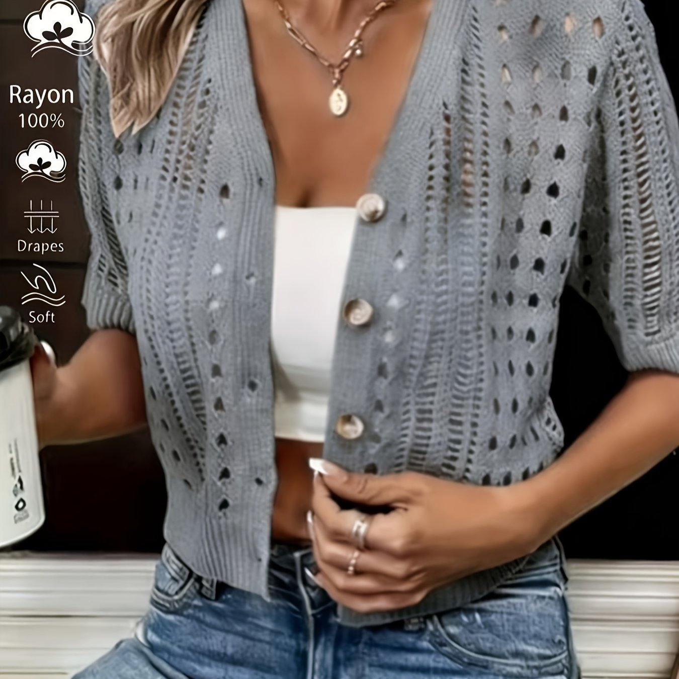 Isabel | Opengebreid vest met korte mouw voor dames - Diepgrijs