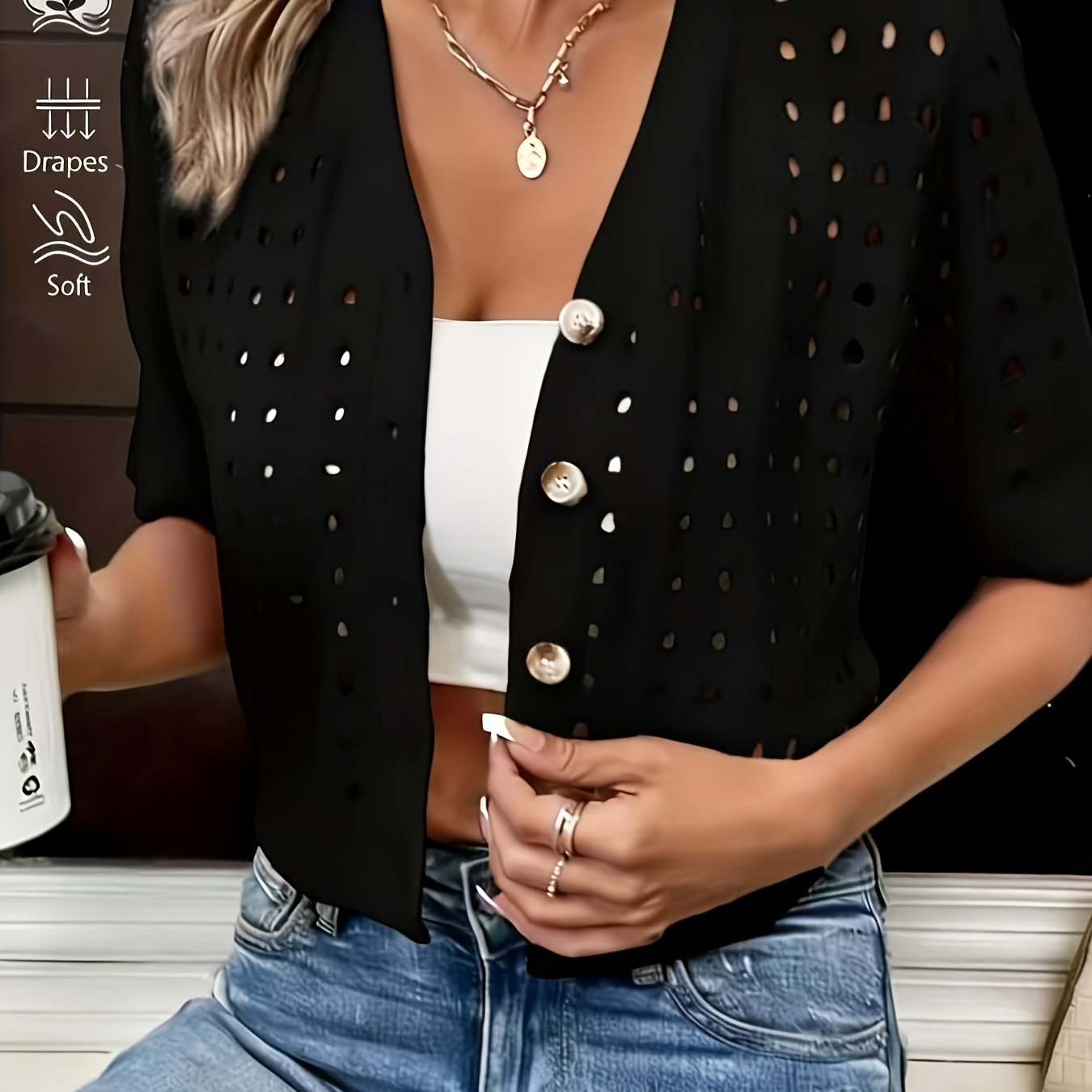 Isabel | Opengebreid vest met korte mouw voor dames - Zwart