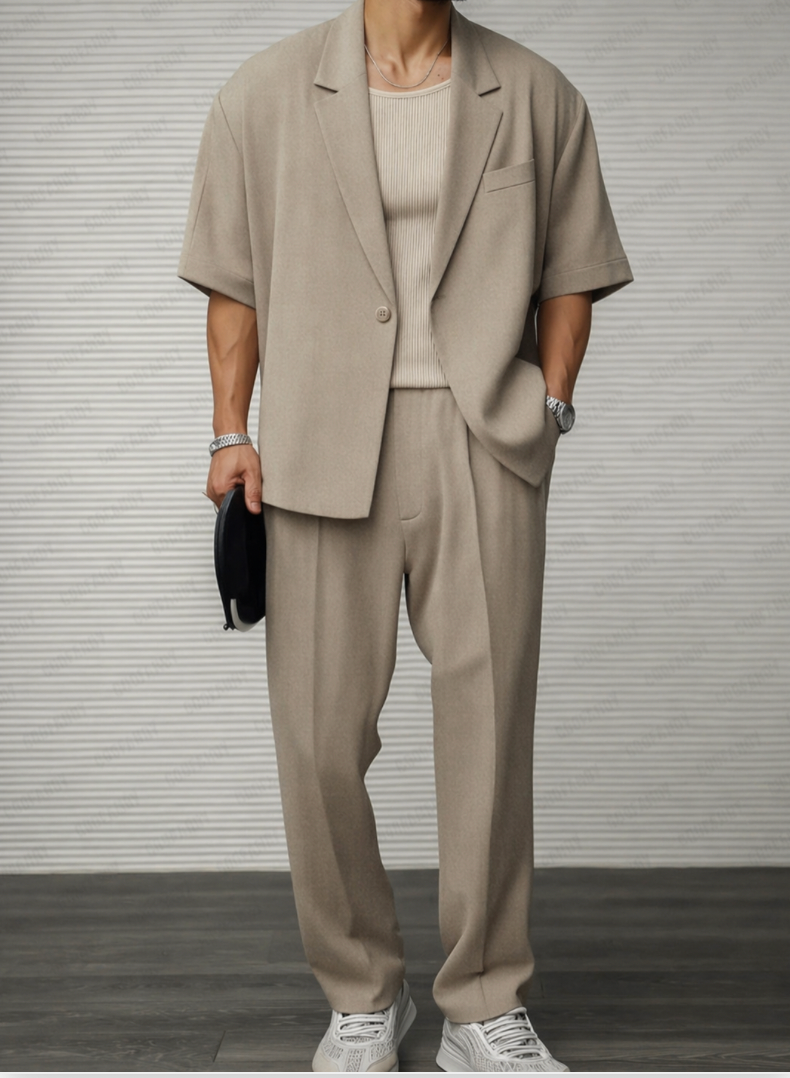 Jacob | Colbert en pantalon set met korte mouw - khaki