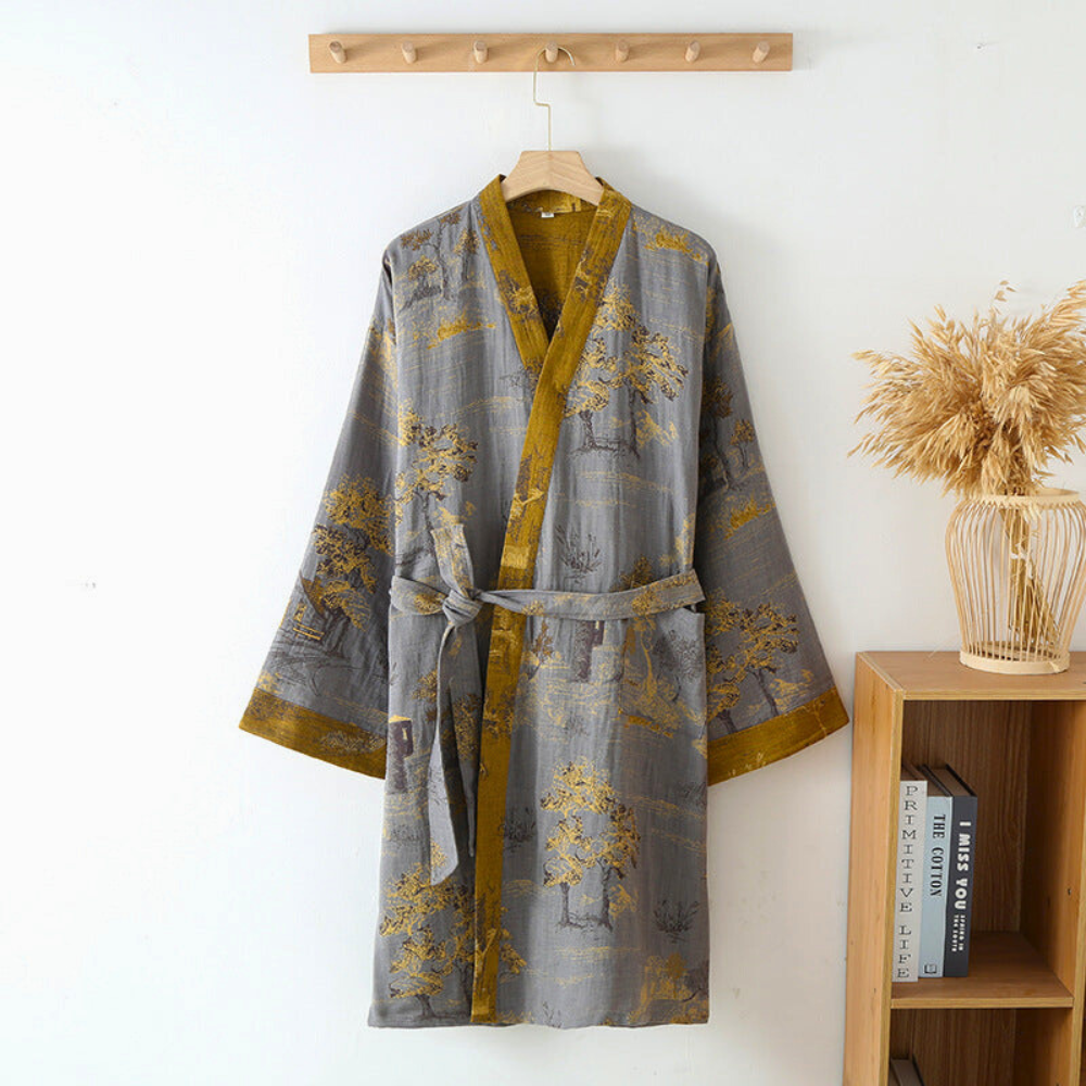 Jacob | Katoenen kimono badjas voor dames - Grijs & Mosterdgroen