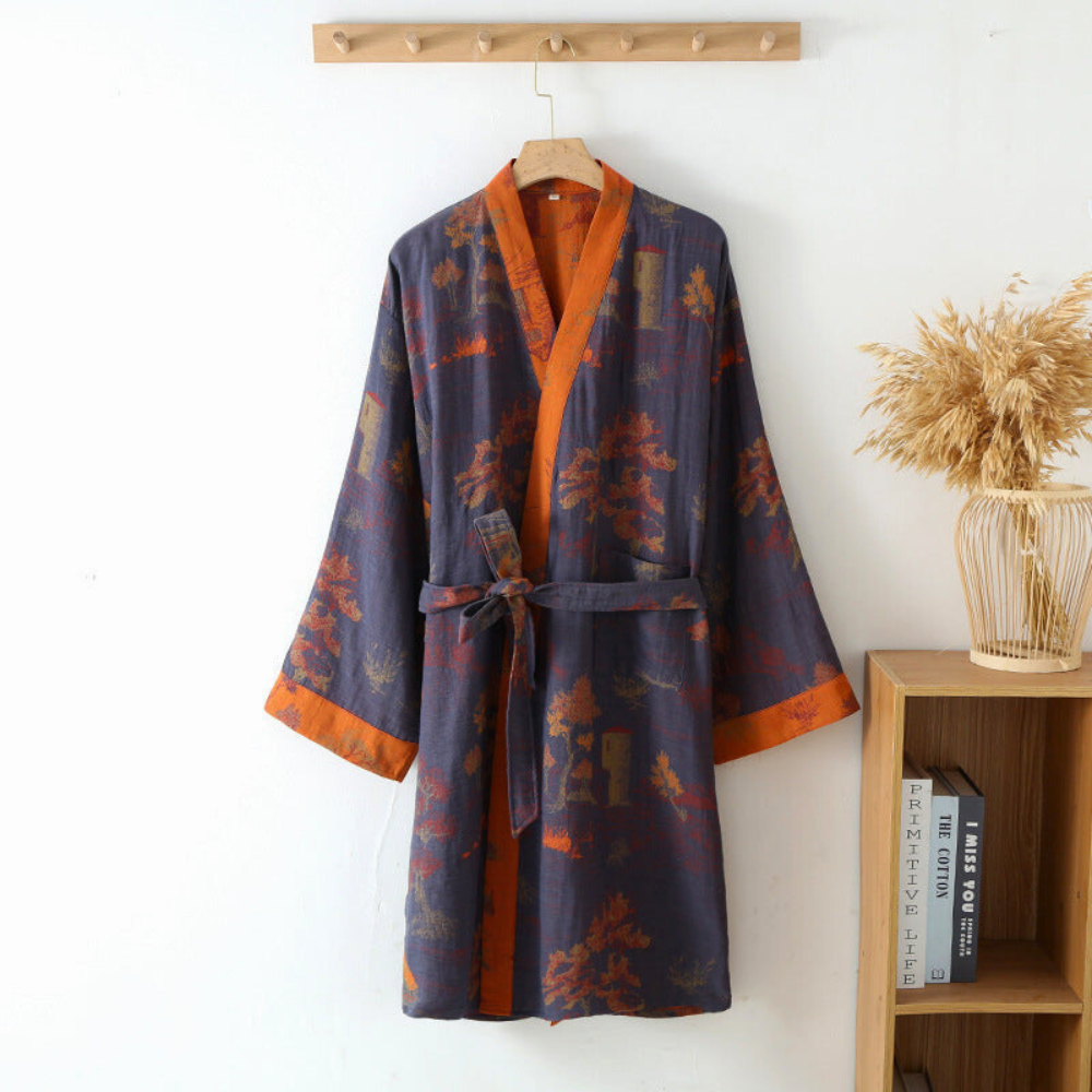 Jacob | Katoenen kimono badjas voor dames - Grijs Paars & Oranje