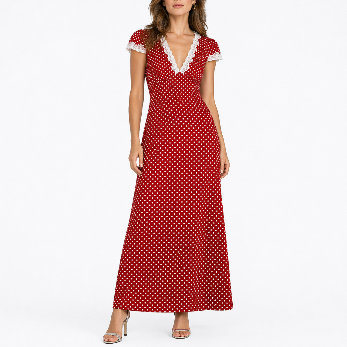 Janneke | Lange jurk met stippen en kant - Rood