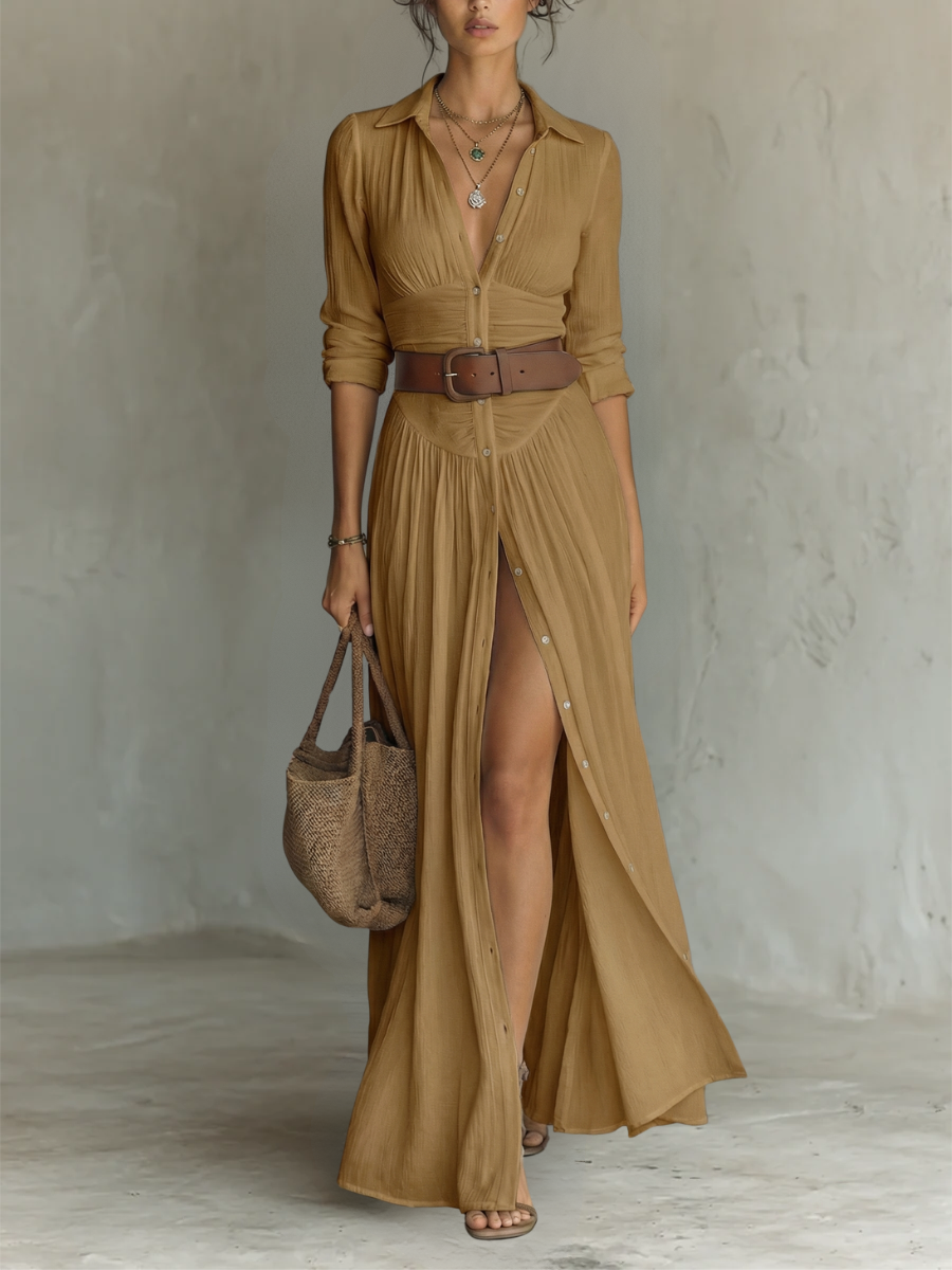 Jantine | Maxi blousejurk met lange mouwen voor dames - Bruin