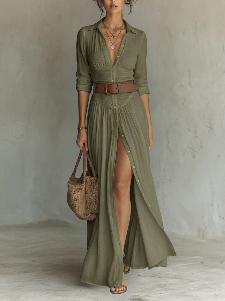 Jantine | Maxi blousejurk met lange mouwen voor dames - Groen