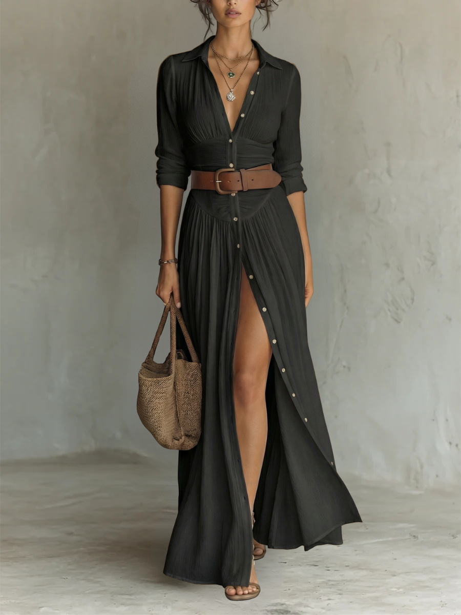 Jantine | Maxi blousejurk met lange mouwen voor dames - Zwart
