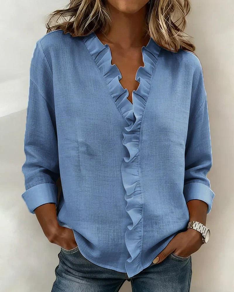 Jasmijn | V-hals blouse met ruches voor dames - Blauw