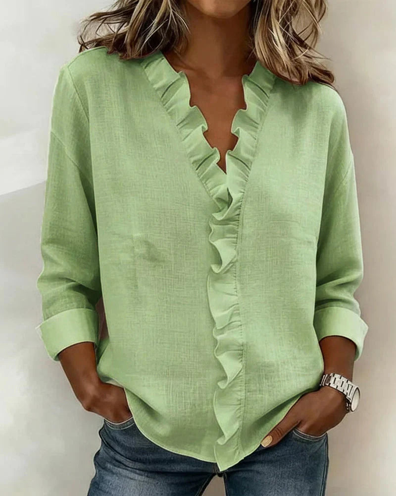 Jasmijn | V-hals blouse met ruches voor dames - Groen