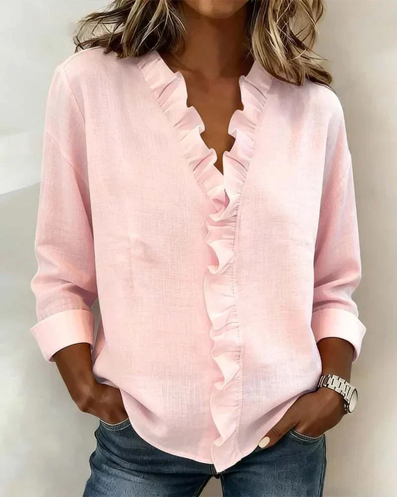 Jasmijn | V-hals blouse met ruches voor dames - Roze