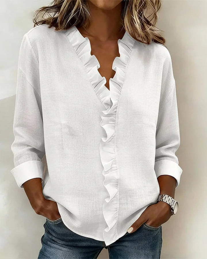 Jasmijn | V-hals blouse met ruches voor dames - Wit