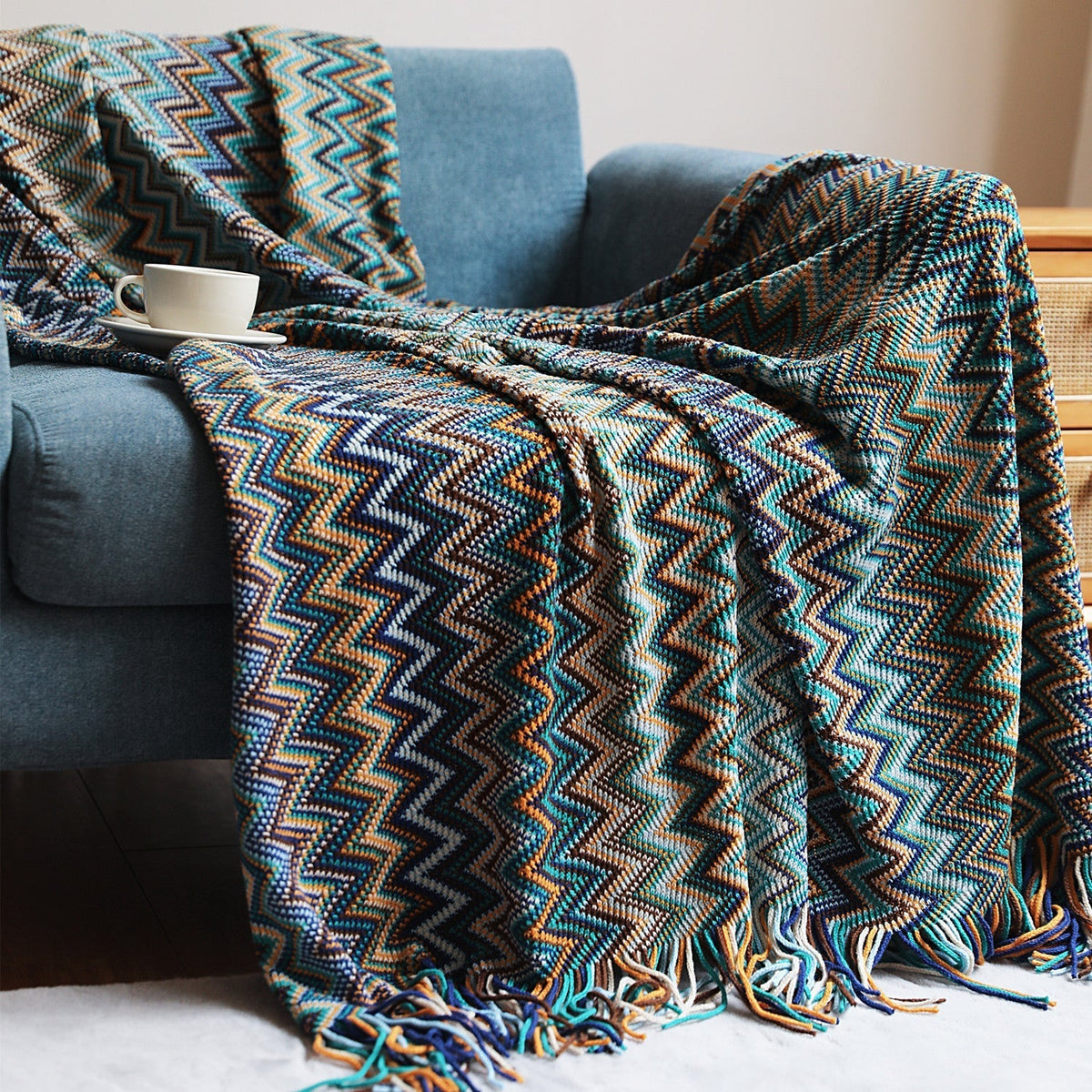 Jelte | Gebreide boho plaid met franjes - Blauw