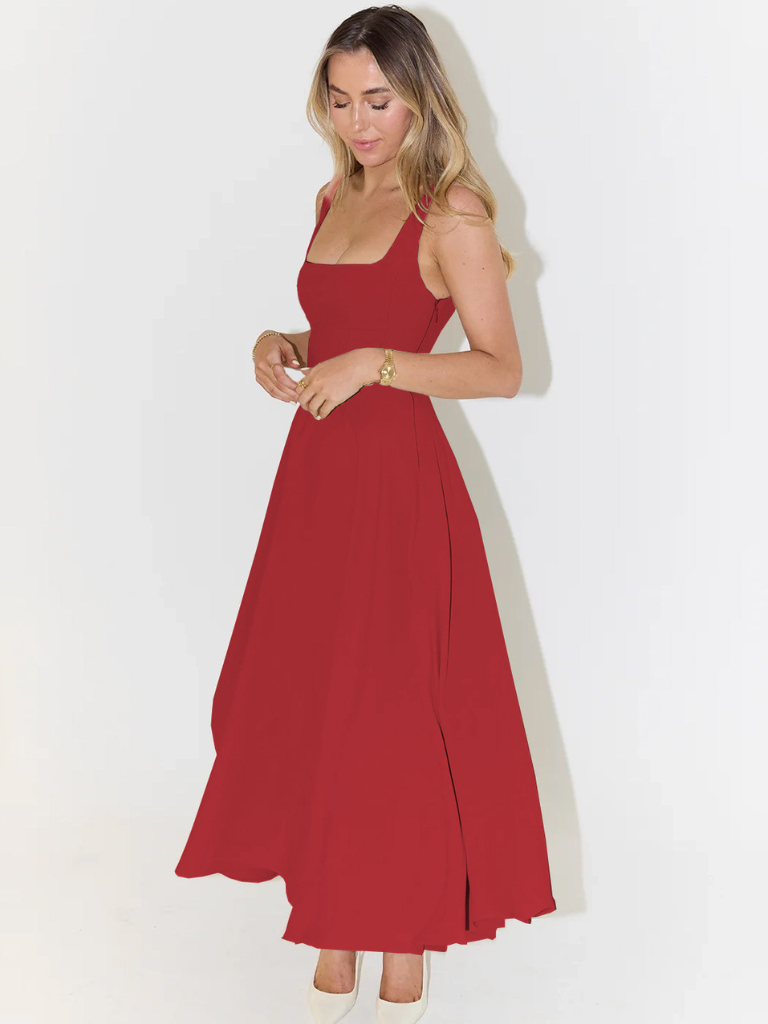 Jet | Midi jurk met vierkante hals - Rood