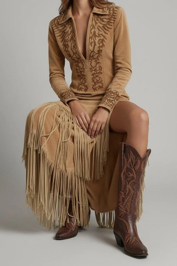 Johanna | Boho maxi jurk met franjes - Lichtbruin