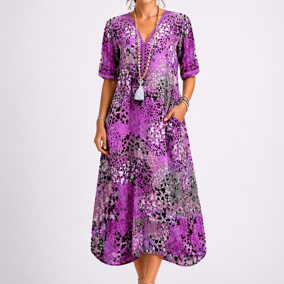 Jolijn | Zomerjurk dames midi met bloemenprint - Paars
