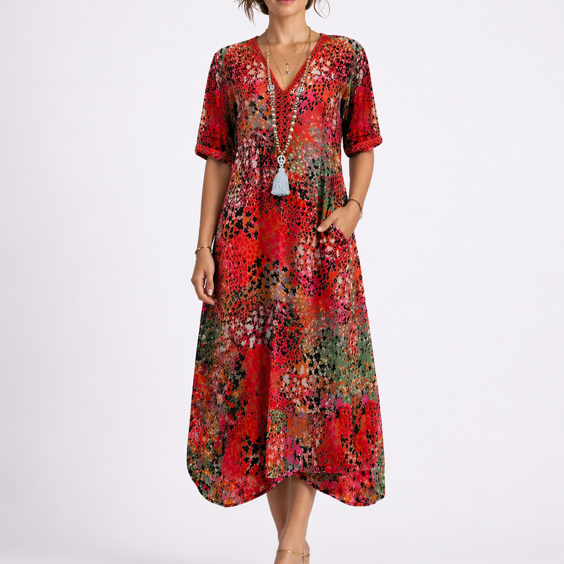 Jolijn | Zomerjurk dames midi met bloemenprint - Rood