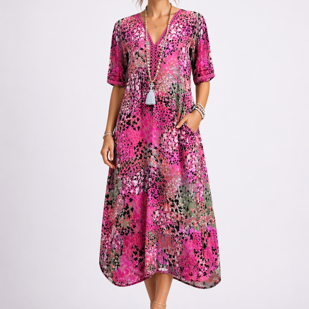 Jolijn | Zomerjurk dames midi met bloemenprint - Roze